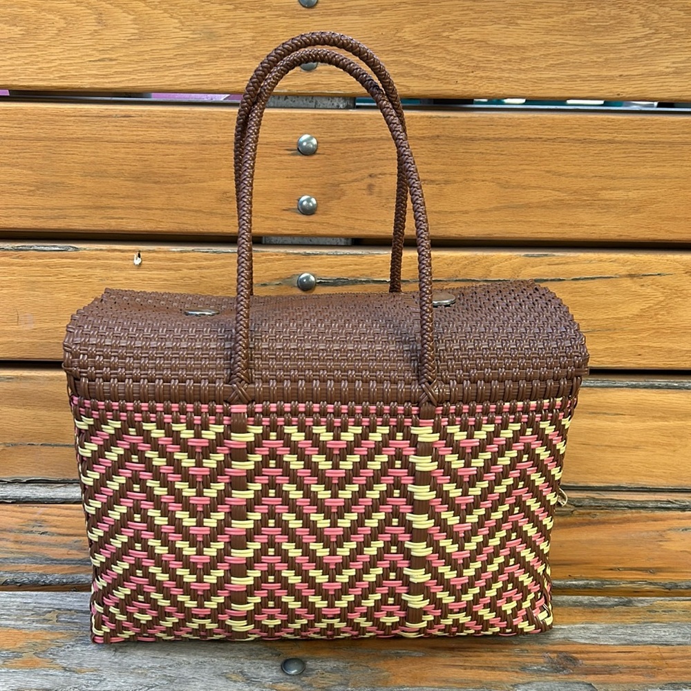 Mexican Plastic Tote Bag Brown / Cream / Pink